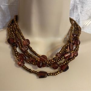 5 Strand glass beaded necklace in bronze/copper tones, GUC 16”